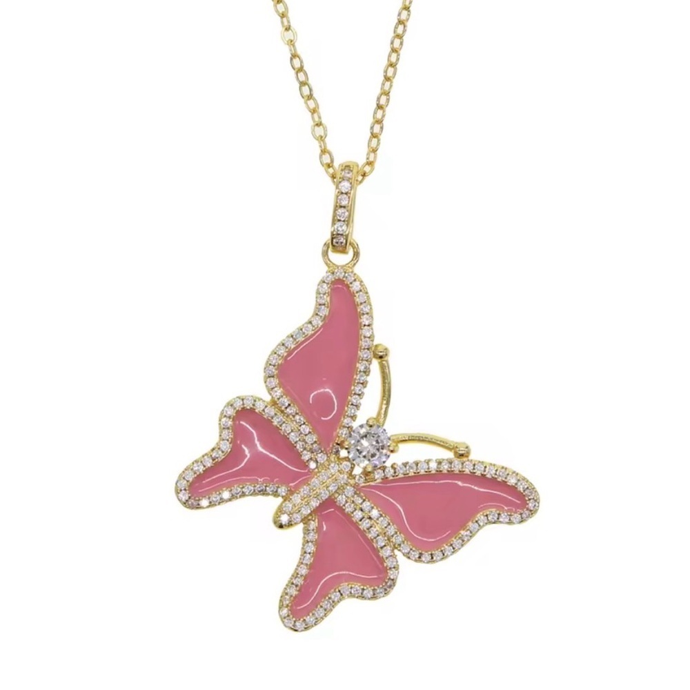 Pink Enamel Butterfly Pendant Necklace - Gold Tone